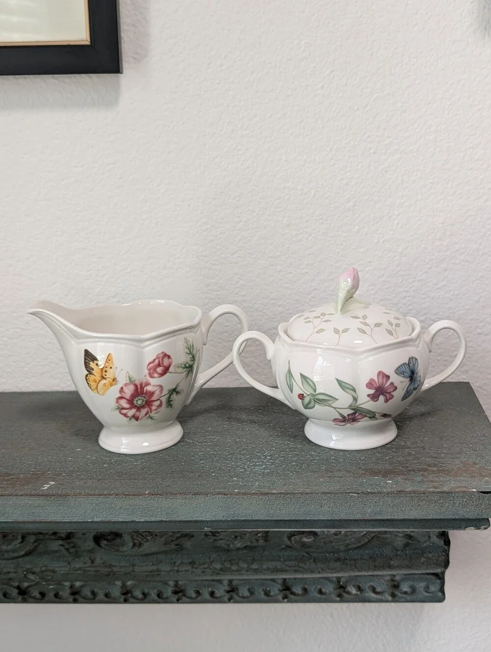 Vintage Lenox Butterfly Meadow Creamer and Lidded Sugar Louise Le Luyer Floral